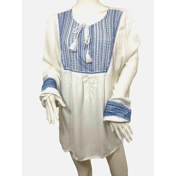 Susan Graver Tunic Top L White Blue Embroidered Boho Cottage V-Neck Rope Tassels - Picture 1 of 11